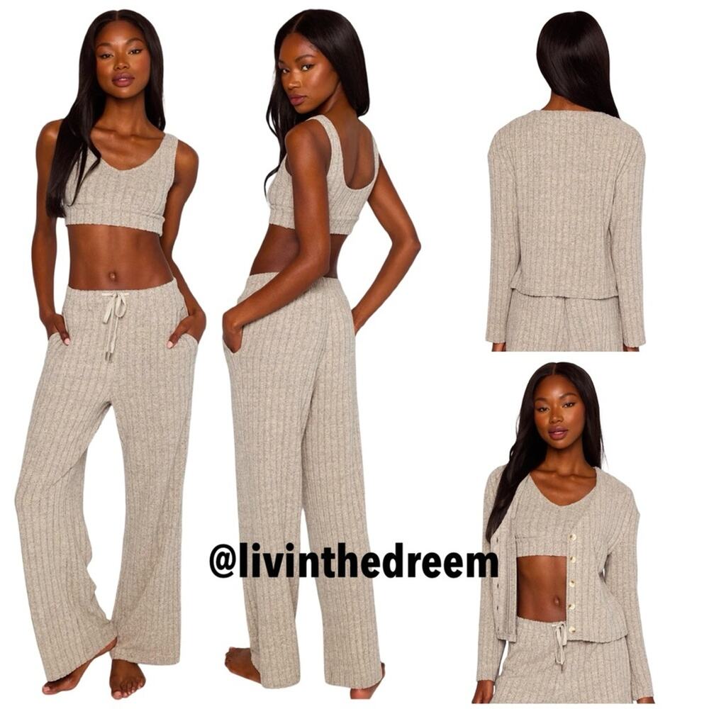 Beach Bunny Oatmeal Mai Wide Leg Pant cardigan & Bralette $162